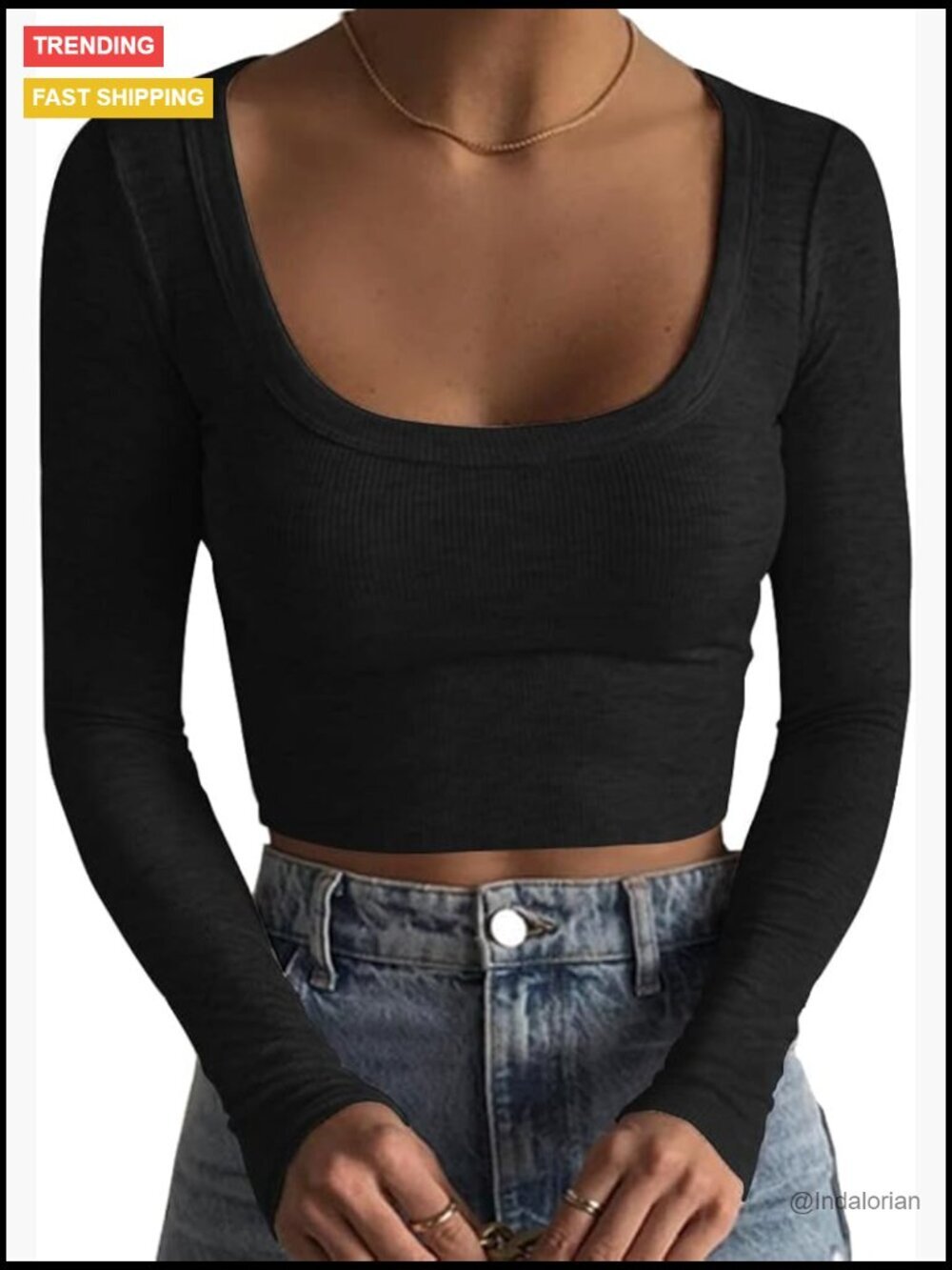 Long Sleeve Square Neck Crop Top Ribbed Slim Fit Basic Tee